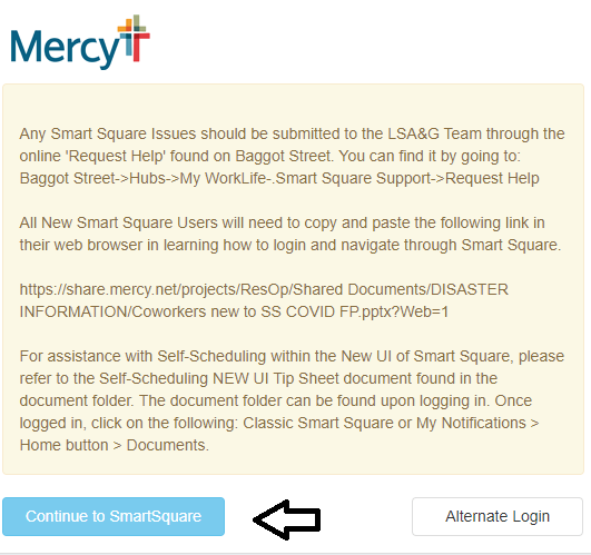 click on continue to smartsquare in mercy healthcare portal