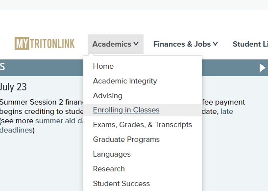 click on enrolling in classes in academics menu
