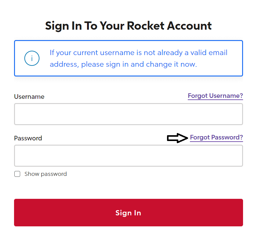 click on forgot password in rocket mortgage portal