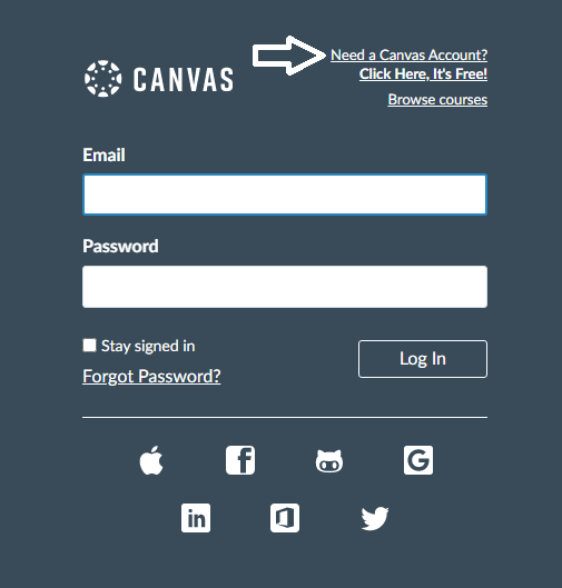 click on need a canvas account in canvas instructure account