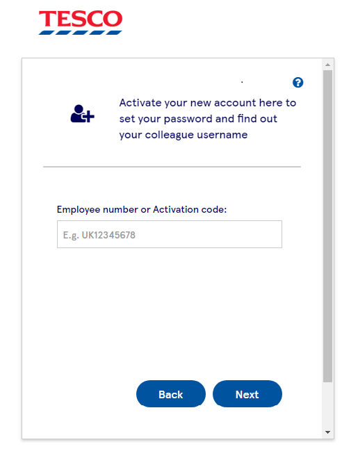 enter activation code and click on next to register an account on tesco elearning portal