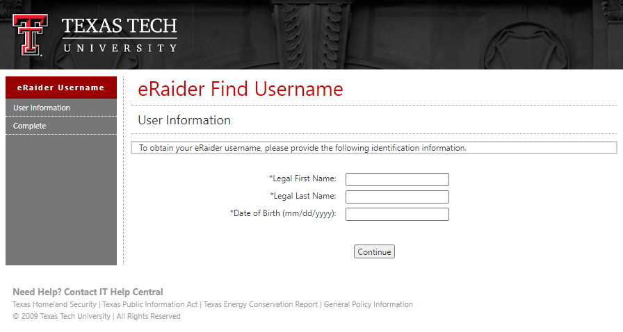 enter details to get eraider username
