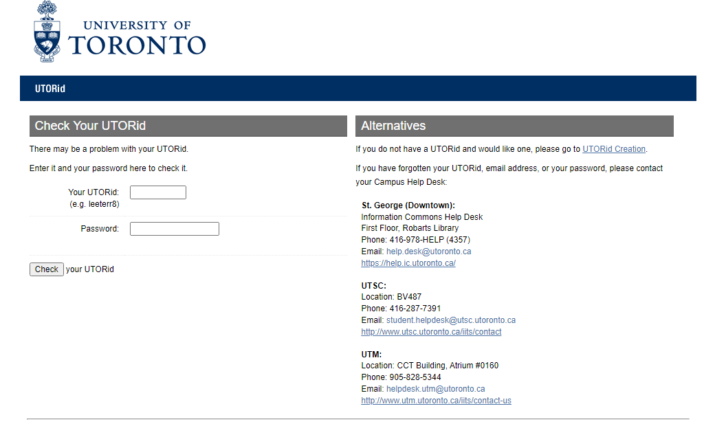 enter required details and click on check to verify utorid and password