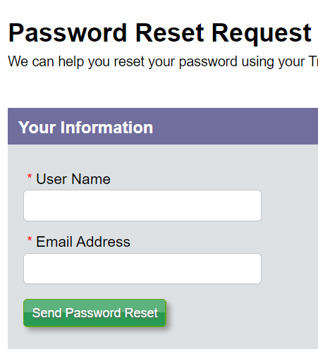 enter required details to reset trizetto login password