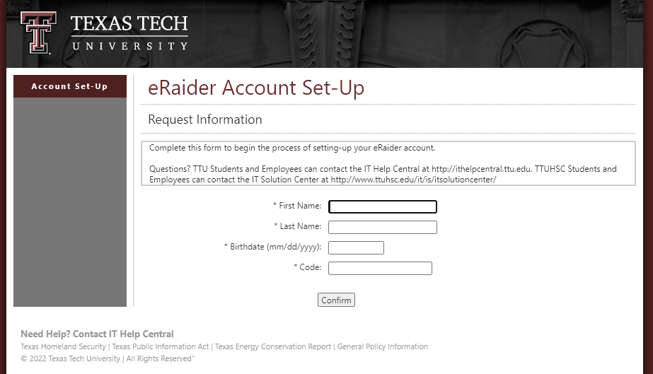 enter required details to set up eraider account