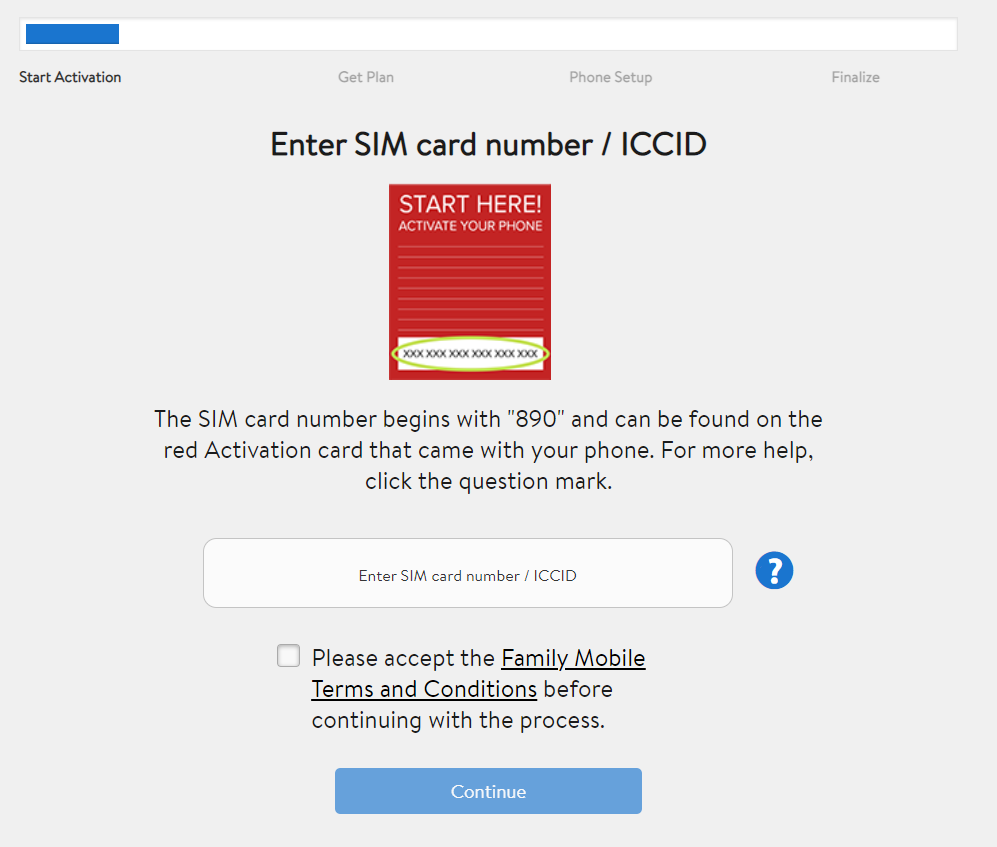 enter sim card or iccid no and click on continue