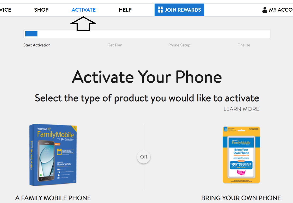 login to walmart family mobile account and select activate