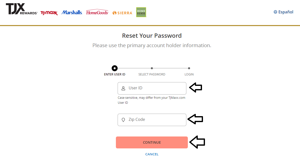 reset tjx credit card login password