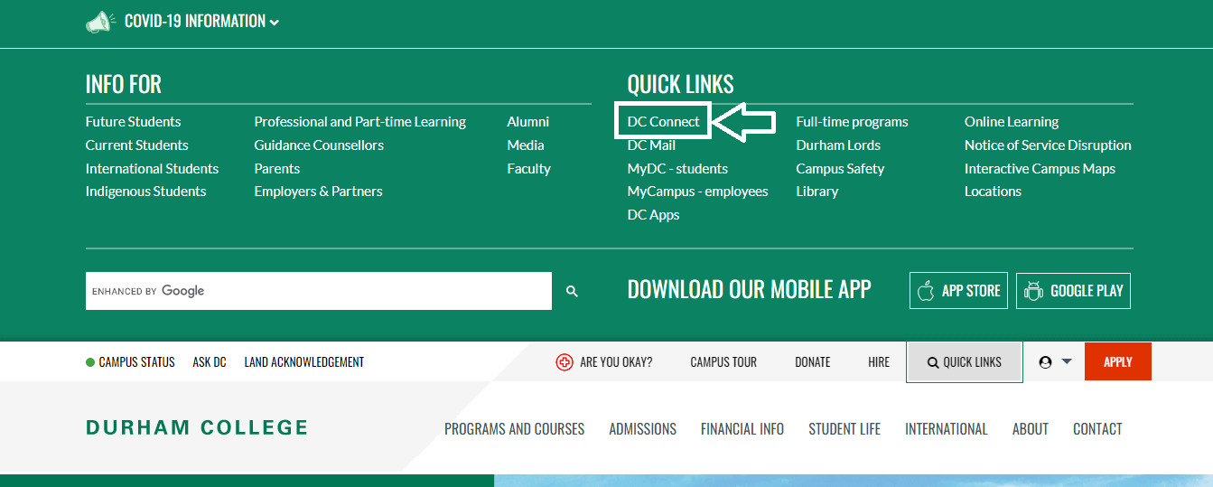 select dc connect in durham college website