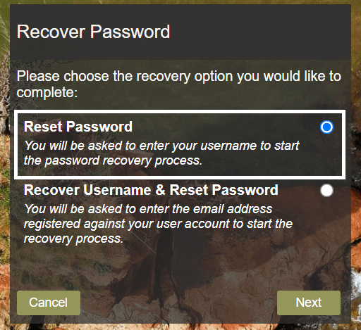 select reset password option and click on next