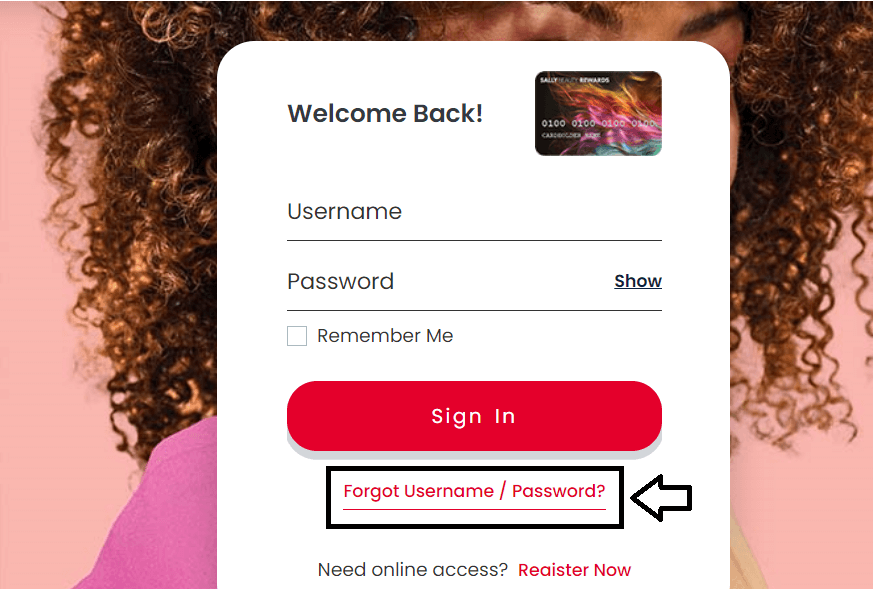 click on forgot username or password in sallys credit card login page