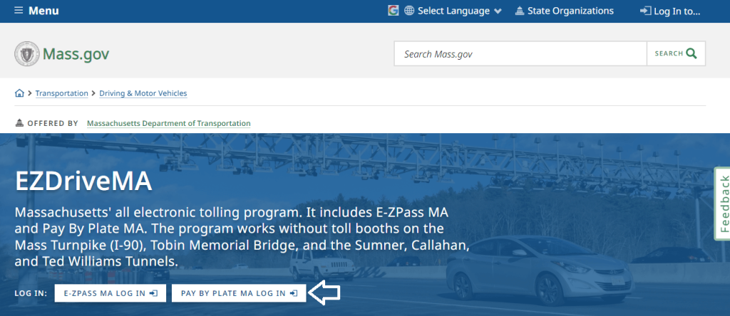 click on pay by plate ma login option in ezdrivema website