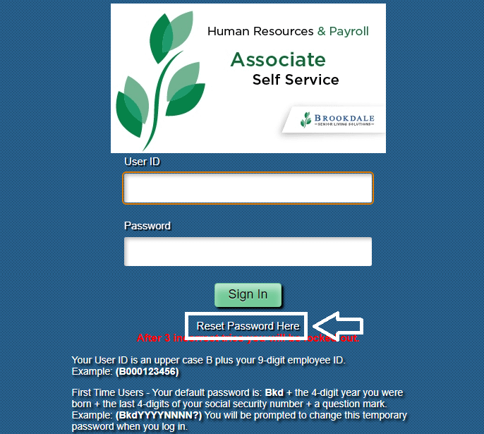 click on reset password here in brookdale associate self service portal