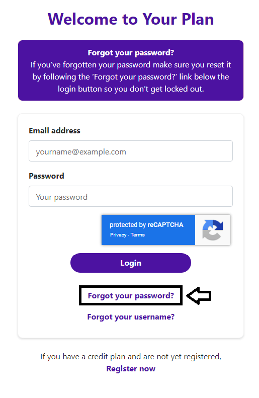 click on forgot password in currys your plan login page