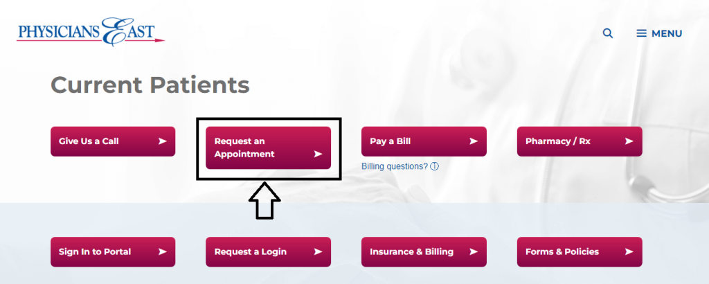 click on request an appointment in physicians east patient portal