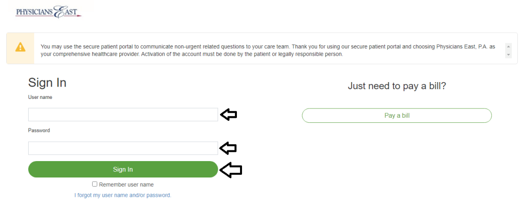 physicians east patient portal login page